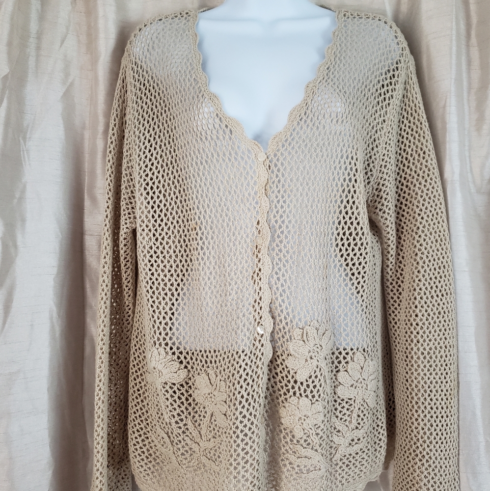 NWOT Norton tan linen crocheted floral cardigan sweater Womens Medium - Picture 2 of 6
